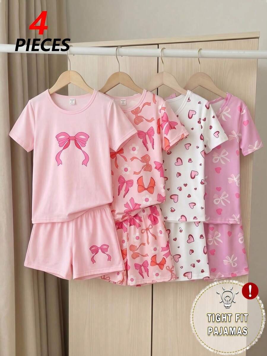 Girls' Pink Bow Print Pattern + Bow Placement Flower Top + Bow Placement Flower Pants Short Sleeve Shorts 4-Piece Set Fitted Pajamas Homewear - Multicolor - View 1