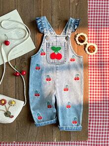 SHEIN Playful Pals 1件女嬰藍色牛仔休閒可愛刺繡花卉吊帶連身長褲，適合外出與派對，秋季穿著 - 紅色 - 查看 4