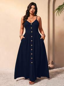 Breezaya Plus Size Women Solid Color Pleated Casual Party Dress With Spaghetti Straps - Navy Blue - View 5