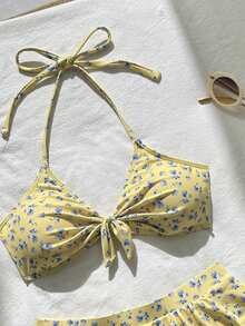 SHEIN Swim 黃色碎花掛脖綁帶比基尼，附荷葉邊裙褲下裝，2件式泳衣，適合泳池派對、海灘、夏季熱帶可愛風 - 彩色 - 查看 7