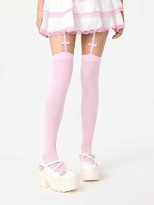 ROMWE Goth 1Pair Of Dopamine Pink Cross Stockings - Pink - View 4