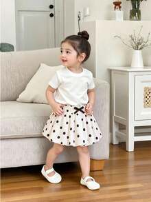 SHEIN Elladie kids 2026新款女童黑白波點苞裙，甜美蝴蝶結設計高腰A字裙，清新俏皮百搭小女孩裙 - 黑與白 - 查看 5