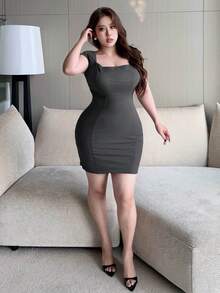 Dazy Plus Solid Color Stretch Bodycon Fun Commuter Sexy Minimalist Sexy Square Neck Cap Sleeve Plus Size Women Spring Summer Mini Dress Cocktail Rave Black - Grey - View 5