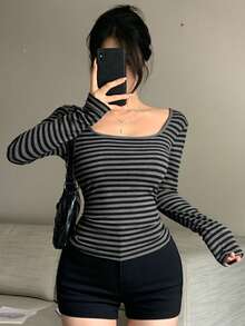 DAZY Loose Striped Colorblock Patchwork Long Sleeve Long Women's T-Shirt - Grey - View 6