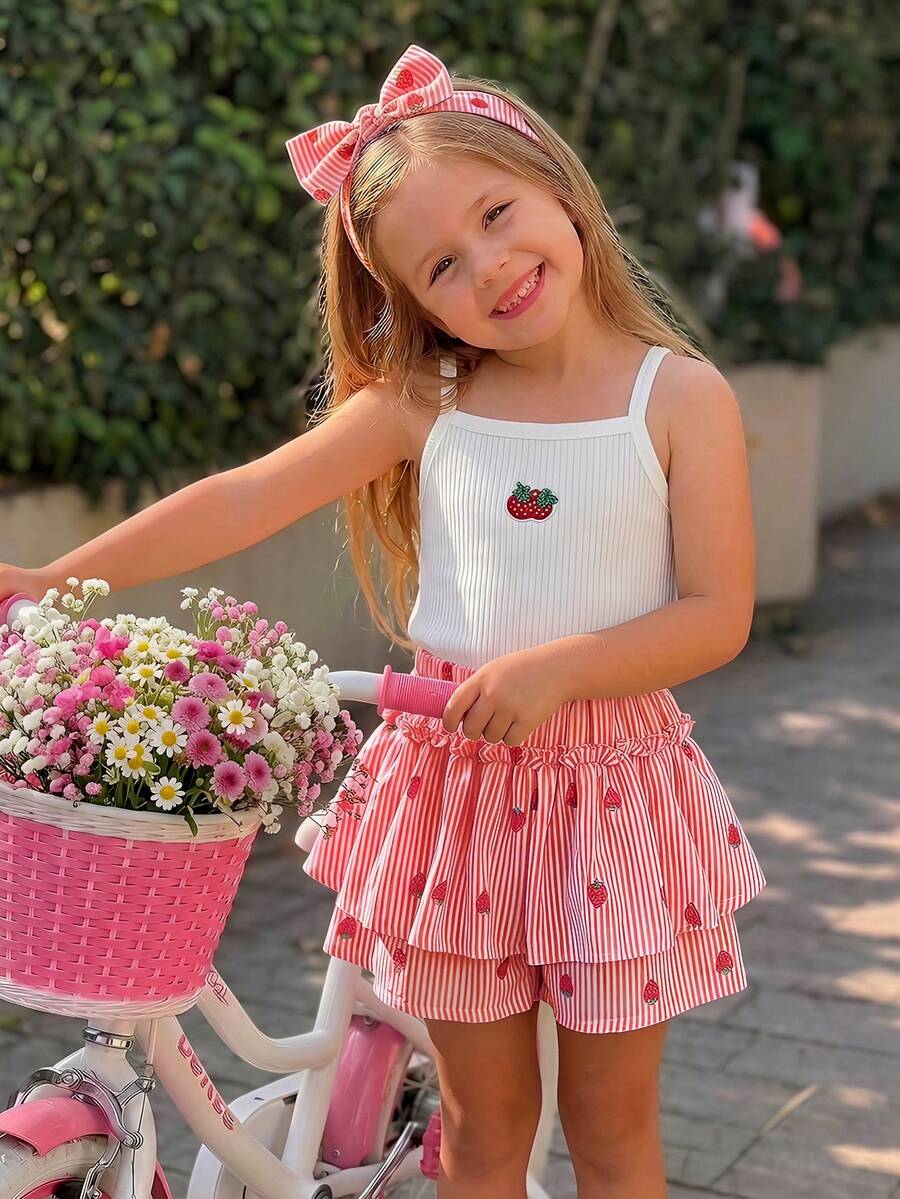 Emery Rose Kids Emery Rose Kids 少女草莓刺繡細肩帶上衣與條紋裙褲套裝 - 紅色 - 查看 1