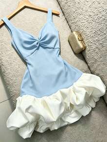 SHEIN Franclia Blue And White Spaghetti Strap Ruched Dress, Patchwork, Bubble Hem, Slim Fit Short Style. Y2K Elegant Summer Sleeveless V-Neck, Party Date Wedding - Baby Blue - View 3