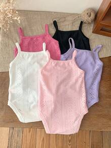 SHEIN LMoss Kids Newborn Baby Girl Summer Cute Knit Solid Color Strap Camisole 5pcs/Set - Hot Pink - View 2
