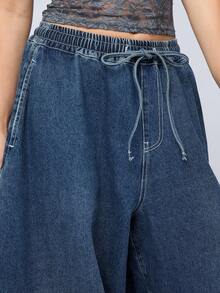 COUREZ Elasticated Waist Baggy Balloon Jeans / Y2K Autumn Outifts For Women Casual Outfits Autumn Jeans Going Out Outfits Rave Outfits Autumn Denim Joggers - Dark Wash - View 7