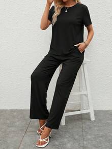 SHEIN LUNE 素色T恤與斜口袋寬腿褲，休閒風 - 黑色 - 查看 5