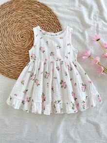 SHEIN Vintaside Kids 女嬰 3個月-3歲洋裝，1件休閒可愛日常風格秋季女童套裝，棕色蝴蝶結裝飾無袖澎澎洋裝 - 粉色 - 查看 3