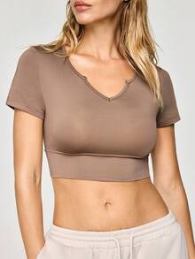 SHAPORA 1pc Women Coffee Brown V-Neck Tight Cropped Top - Coffee Brown - View 5