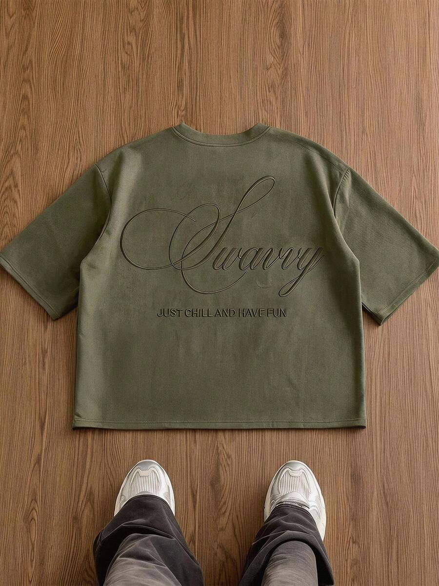 SWAVVY 男士夏季休閒寬鬆短袖T恤 綠色 標準尺寸 正反面刺繡 - 軍綠色 - 查看 1