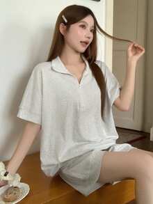 DAZY Summer Old Money Sporty Style Minimalist Casual Knit Women's Loungewear Set Pajamas - Grey - View 3