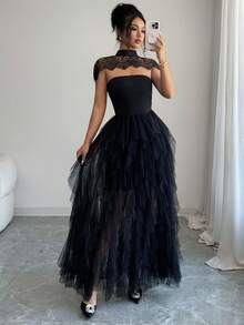 SHEIN Raffinéa 蕾絲立領網紗中長洋裝，黑色立領分層網紗洋裝，適合派對、約會、晚宴穿著 - 黑色 - 查看 8