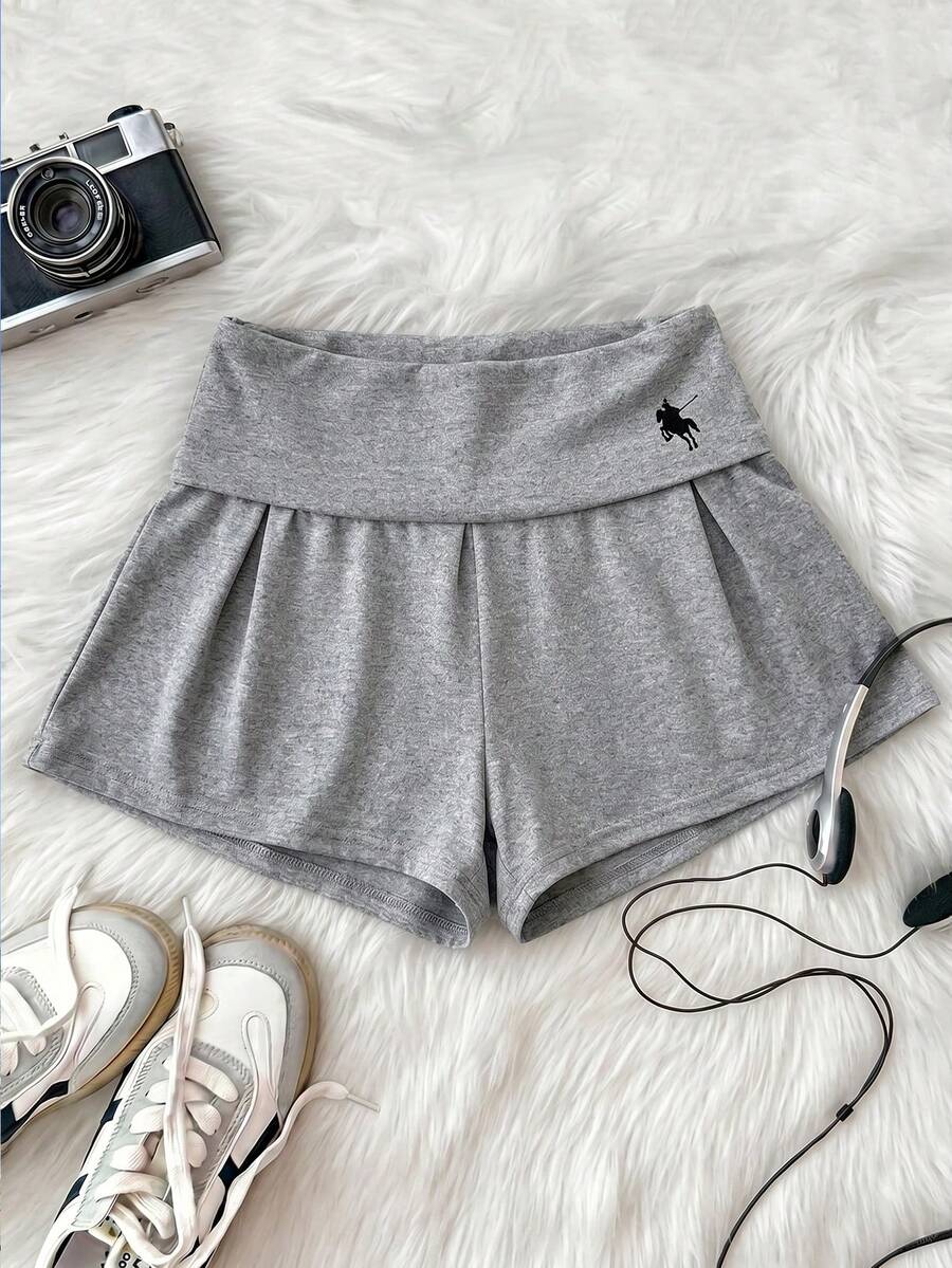 SHEIN Tween Girl Knit Equestrian Print Waist Fold Casual Shorts - Grey - View 1