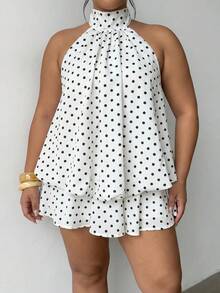 SHEIN Tall CURVE 大码女士波点印花吊带系带优雅连衣裙 - 黑與白 - 查看 10
