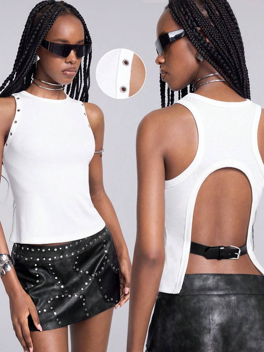 Airlisse Women Summer Punk White Rib Racer Back Tank, Double Shoulder Metal Rivets Large Back Cut Out With Adjustable Buckle Belt Slim Cropped Y2K Top - White - View 1