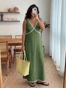 Enliva Plus-Size Women's Sleeveless Color Block Midi Dress Chic Summer Vacation Casual Tropical, For Apple And Rounded Beach Wedding Olive Green - Army Green - View 6