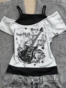 DAZY Áo top nữ casual họa tiết guitar & chữ in phối patchwork, đa năng cho mùa xuân & mùa hè - Xám - Xem 7