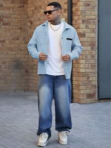 Devon Thys Men Solid Color Casual Overcoat, Suitable For Autumn And Winter Sky Blue Button Overcoat - Baby Blue - View 5
