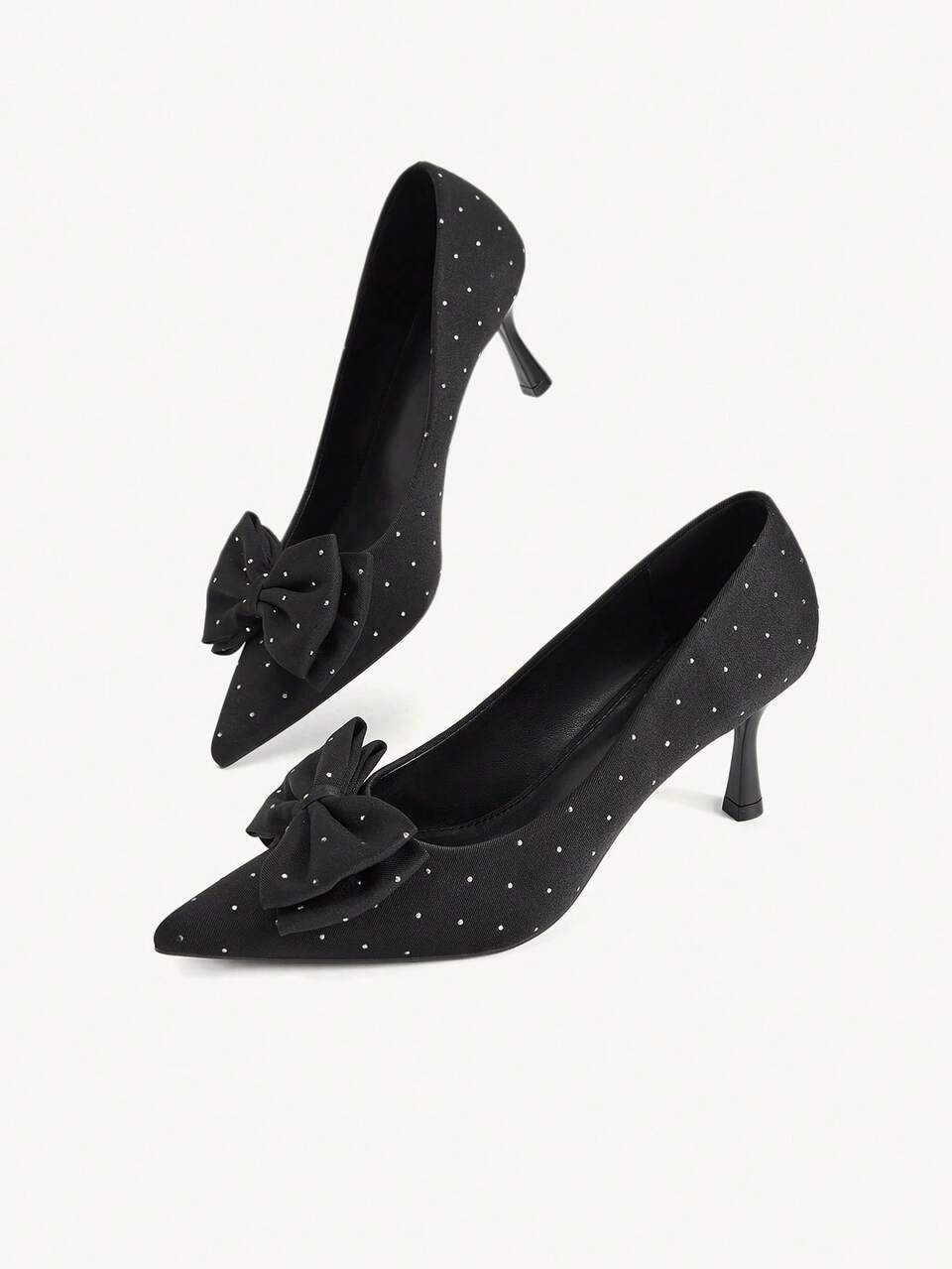 CUCCOO CHICEST Women Shoes Spring And Summer New Women's High Heel Shoes Black Bow Rhinestone Decorative Pointed Thin Heel Slip-On Elegant Satin Solid Color Commuter Dating Valentine's Day Shoes Women's Shoes