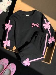SHEIN 女嬰針織圓領 3D 蝴蝶結休閒抓毛刷毛衛衣與加厚長褲 2 件套，適合秋冬 - 黑色 - 查看 8