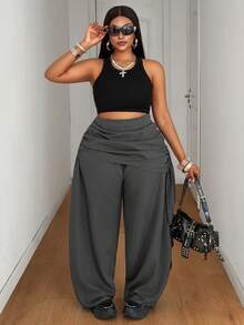 Maweii Plus Size Women's Solid Color Pleated Wide Leg Loose Casual Long Pants For Vacation Fall - Grey - View 5