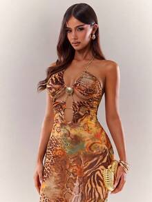 Radiana Women's Halter Neck Shell Chain Hollow Snake Skin Leopard Print Extra Long Dress - Multicolor - View 7