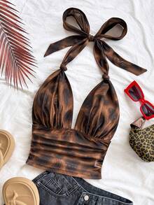 Soleia (No Chest Padding)Plus Size Women's Vacation Knit Mesh Vintage Brown Leopard Print Halter V-Neck Tie Bow Ruched Romantic Tank Top, - Multicolor - View 3