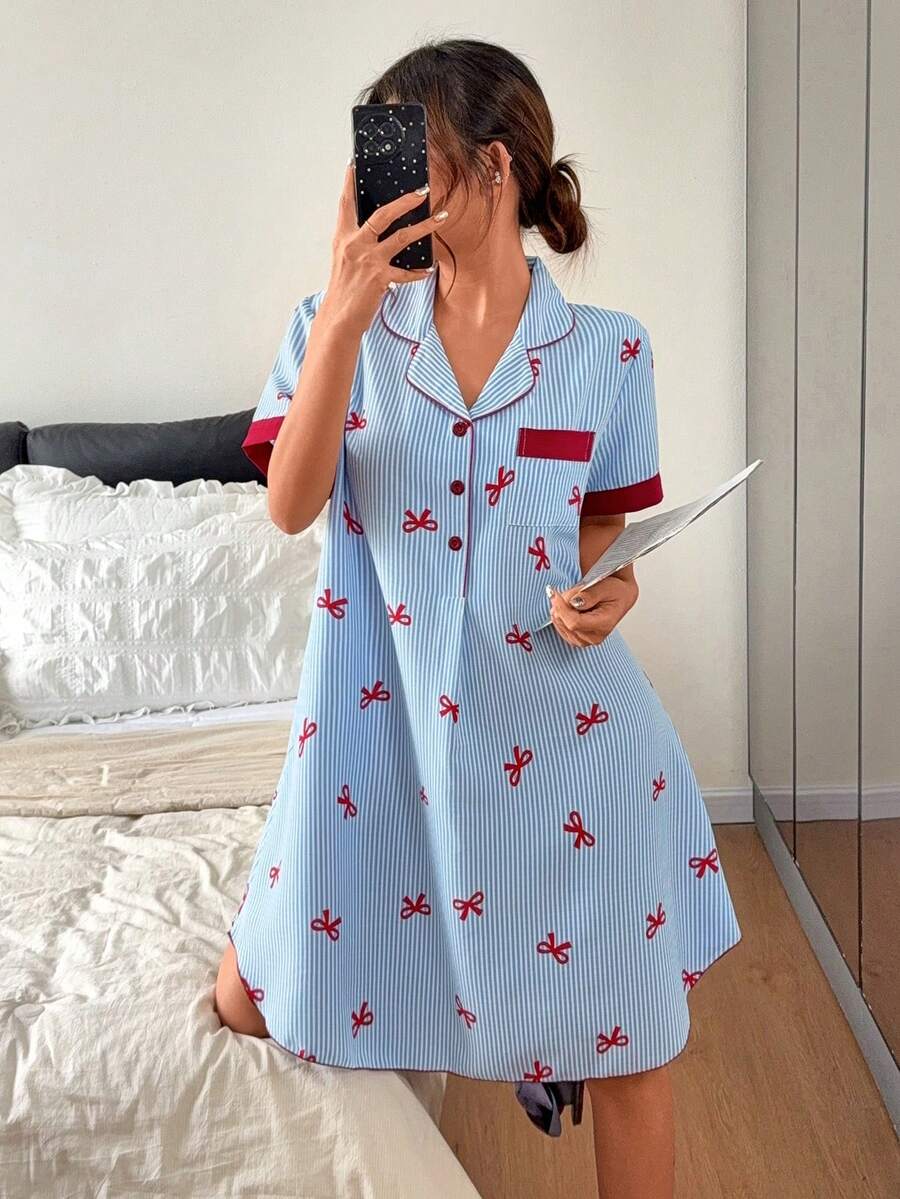 Napfluff Women's Blue Bow Striped Short Sleeve Shirt Dress, Cute Style, Comfortable Home Wear - Blue - View 1