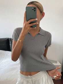 DAZY 女款純色 Polo 領短袖休閒度假針織上衣，春夏校園風 - 灰色 - 查看 6