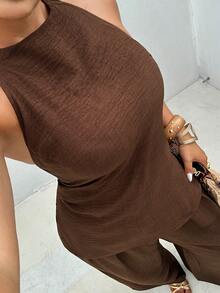 Dazy Plus Solid Color Fun Commuter Set, Mock Neck Tie Back Sleeveless Top, Long Loose Casual Maxi Skirt, Plus Size Women's Spring Summer Brown 2-Piece Set - Brown - View 5