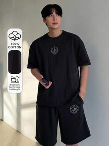 DAZY Summer Letter Print Black Short Sleeve T-Shirt And Shorts Set For Men - Black - View 1
