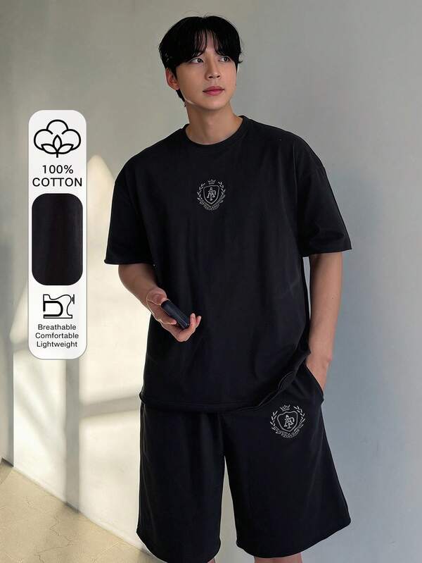 DAZY Summer Letter Print Black Short Sleeve T-Shirt And Shorts Set For Men