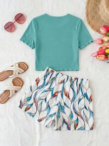 Setelan Kaos Anak Perempuan Remaja Motif Bunga Kecil Hijau Kasual untuk Liburan, Leher Bulat Lengan Pendek Rajut Bergaris dengan Hem Berkerut dan Celana Pendek Motif Geometris 2pcs, Cocok untuk Pemakaian Sehari-hari, Liburan Pantai - MultiWarna - View 2