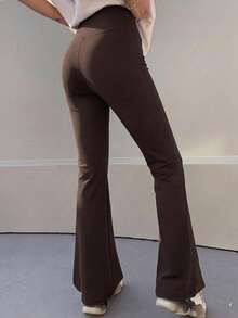 DAZY Spring Summer Slim Fit Solid Color Long Flare Leggings - Brown - View 2