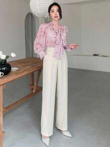 DAZY Spring Summer Autumn High Waist Straight Leg Wide Leg Beige Solid Color Woven Loose Fit Women's Long Pants - Beige - View 3