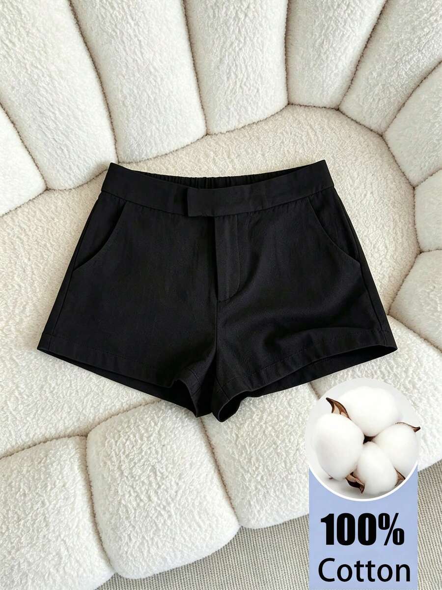 INAWLY Women's Casual Solid Color Shorts, Minimalist Style For Daily Wear And Commuting, Summer - Black - View 1