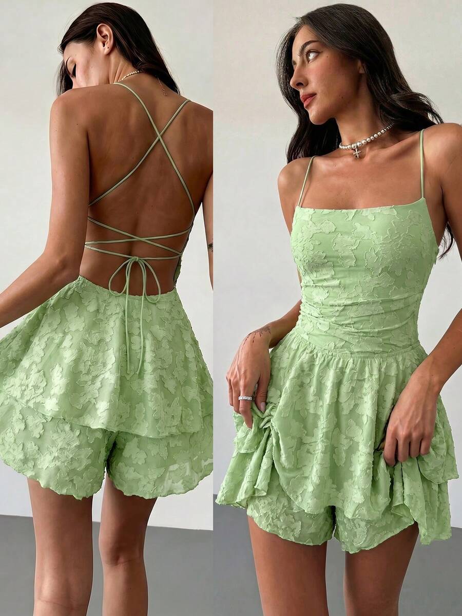Aloruh Mono de mujer con tirantes finos, plisado, volantes en el bajo y recortes de moda - Verde Oliva - Ver 1