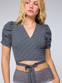 COUREZ Puff Sleeve Polka Wrap Cardigan Top Y2K French Cute Matching Summer Outfits For Women Casual Autumn Going Out Everyday Date Rave Blue Polka Dot - Grey - View 5