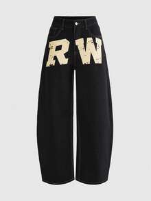 ROMWE Women's Slogan Wide Leg Jeans Street Style Hot Girl Music Festival Versatile Yellow Letter Print - Black - View 1