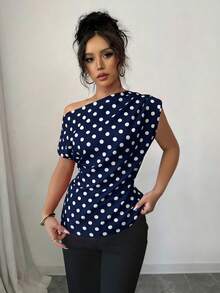 SHEIN Elenzya 女款優雅波點無袖上衣，露肩領垂墜休閒通勤上班上衣，時尚寬鬆版型正式辦公襯衫 - 藏蓝色 - 查看 4
