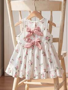 SHEIN Vintaside Kids 女嬰 3個月-3歲洋裝，1件休閒可愛日常風格秋季女童套裝，棕色蝴蝶結裝飾無袖澎澎洋裝 - 粉色 - 查看 7