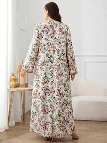 Al Najma 大尺碼女款V領綠色花卉印花休閒希賈布端莊派對杜拜度假婚禮阿拉伯長裙 - 彩色 - 查看 3