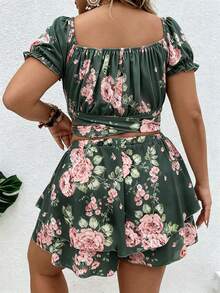 Vionelle Conjunto casual diário de 2 peças para mulher plus size com top plissado e saia-calça com estampado floral - Verde escuro - Ver 2