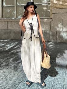 FRIFUL Damen-Set mit figurbetonter Weste mit Bindung und offener Front sowie weiten Hosen, gestreifter Leinenstoff für den ganzen Körper, elastischer Bund, Urlaubsstil, Sommer, Schwarz und Weiß, lässig - Khaki - Übersicht 8