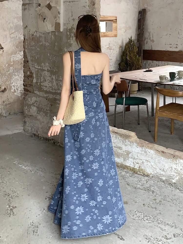 Women's Jacquard Asymmetric Hem Bandeau Top And Extra Long Denim Skirt Set