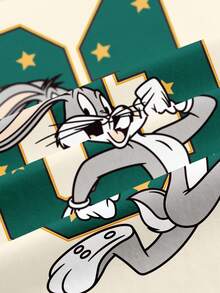 LOONEY TUNES X SHEIN 男士休闲日常通勤时尚街头运动趣味卡通兔子、数字、星星印花宽松短袖T恤，夏季 - 白色 - 查看 8