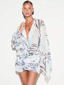 KIZN Zebra Print Plunge V-Neck Mini Dress With Extreme Kimono Sleeves Ruched Skirt Summer Party - Multicolor - View 4