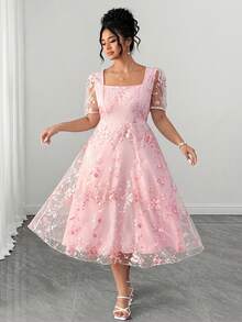 Elenzga Women's Elegant Pink Square Neck Puff Short Sleeve Elastic Waist Invisible Zipper Heavy Embroidery Floral Midi Dress,Daily, Commuting, Dating, Party - Pink - View 5